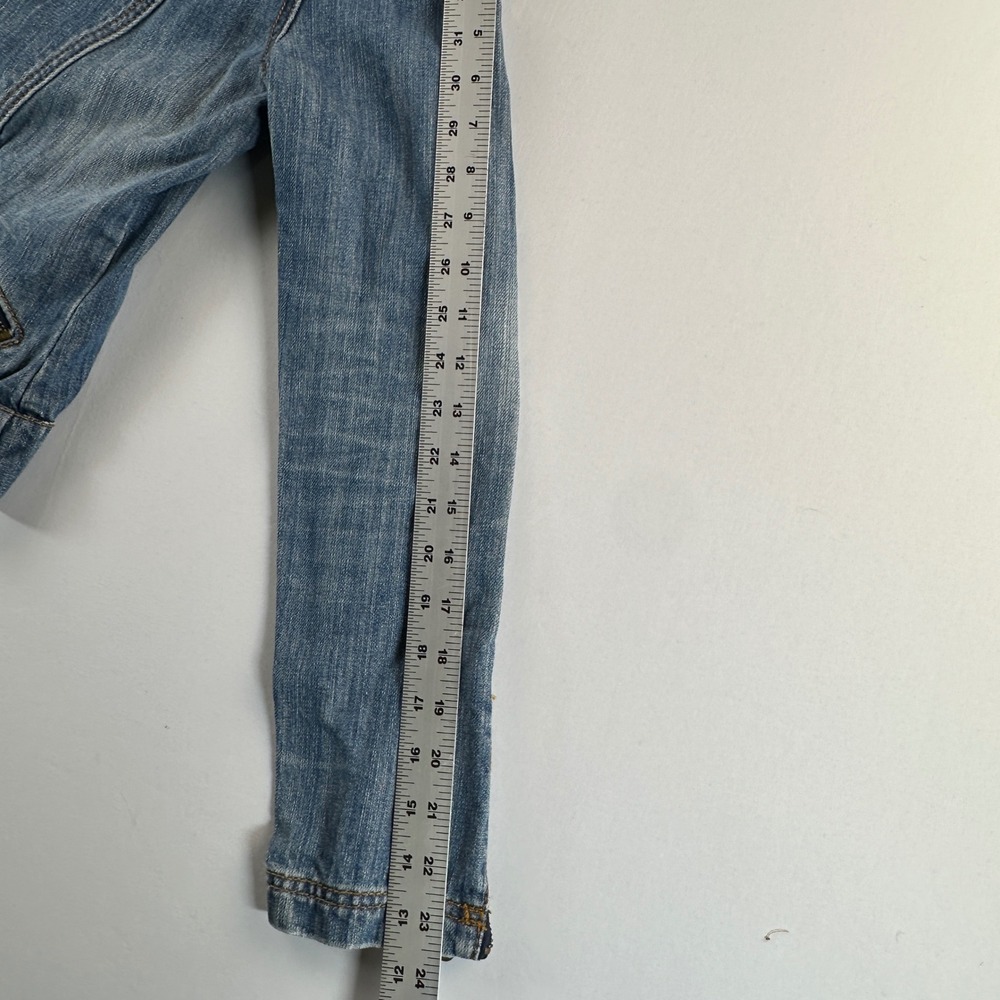 Billabong Womens Denim Moto Jacket Distressed Blue Zipper Sleeve Retro Sz Medium - Picture 9 of 14